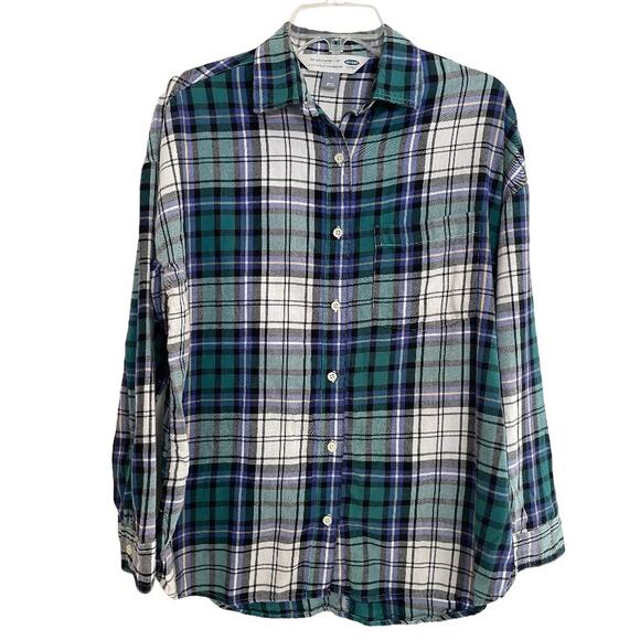 Old Navy The Boyfriend Shirt Blue Green Plaid Size Medium - Picture 3 of 4